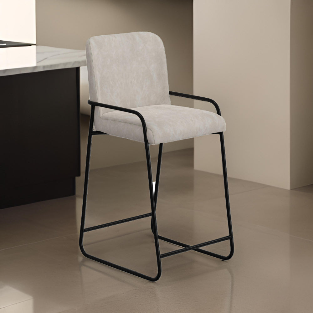 Suze Barstool Chair, Arched Black Iron Frame, Snow Gray Performance Fabric