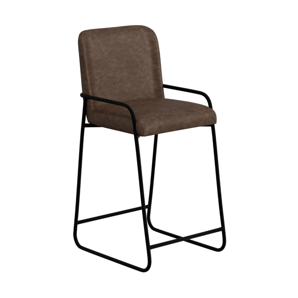 Suze Barstool Chair, Arched, Black Iron, Hickory Brown Performance Fabric