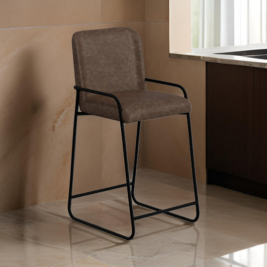 Suze Barstool Chair, Arched, Black Iron, Hickory Brown Performance Fabric