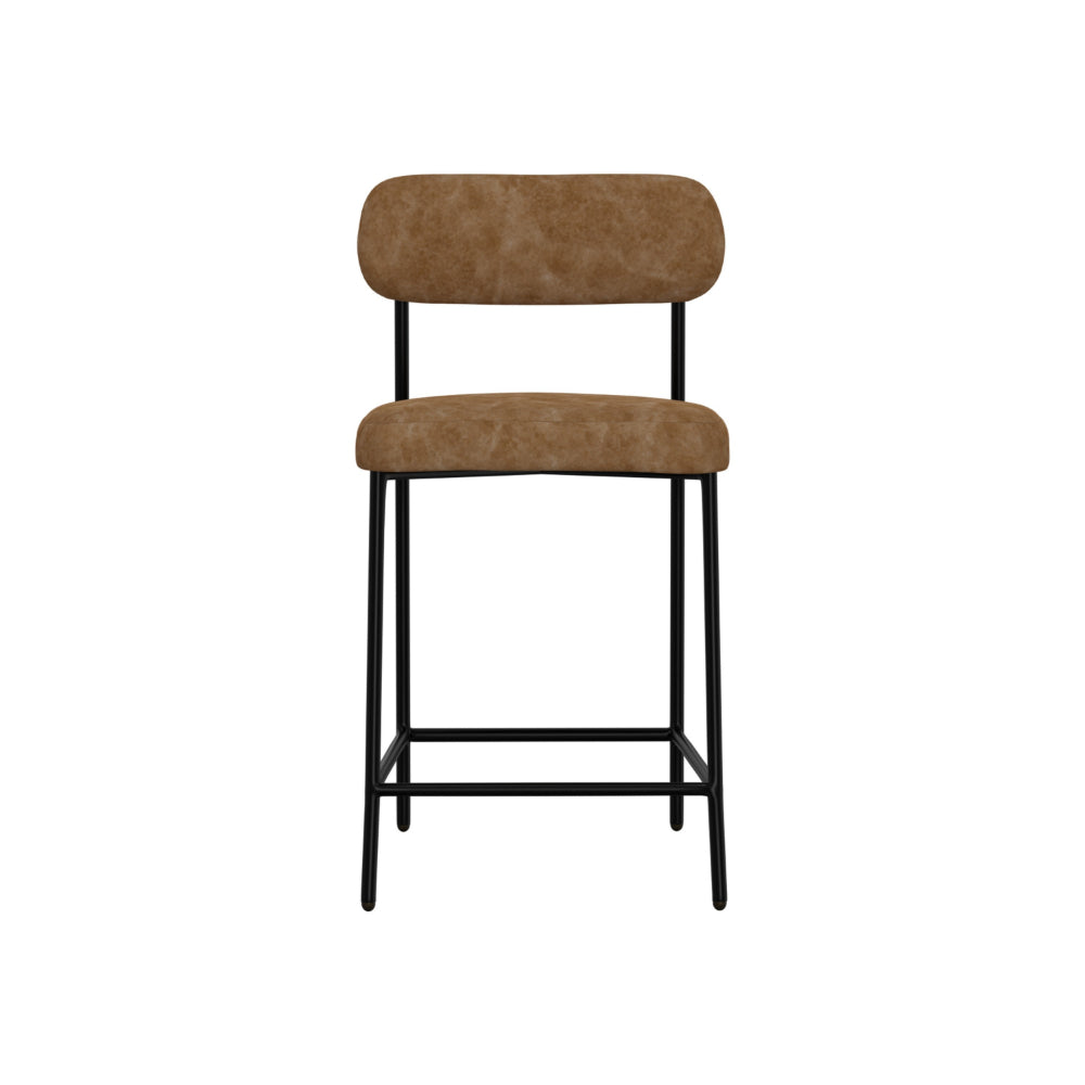 Iffa Counter Height Chair, Open Back, Black Iron, Cognac Brown Faux Leather