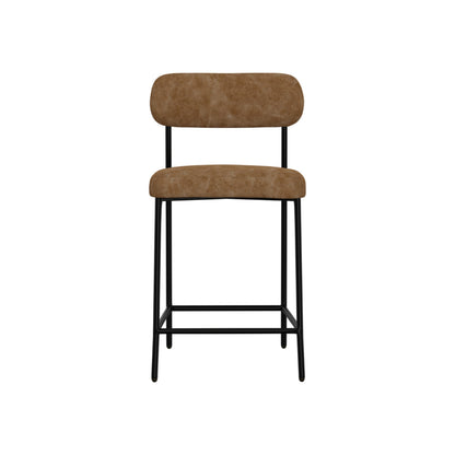 Iffa Counter Height Chair, Open Back, Black Iron, Cognac Brown Faux Leather
