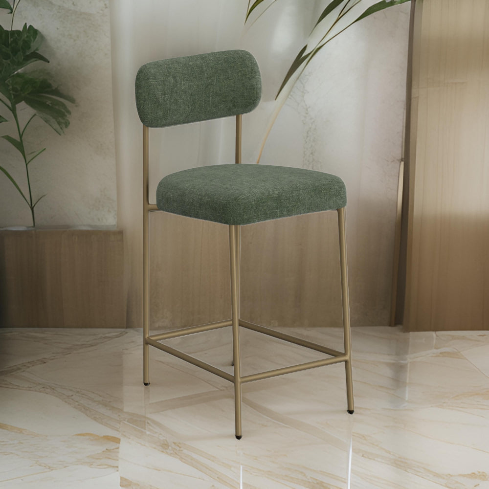 Iffa Barstool Chair, Open Back, Black Iron Gold, Olive Green Polyester
