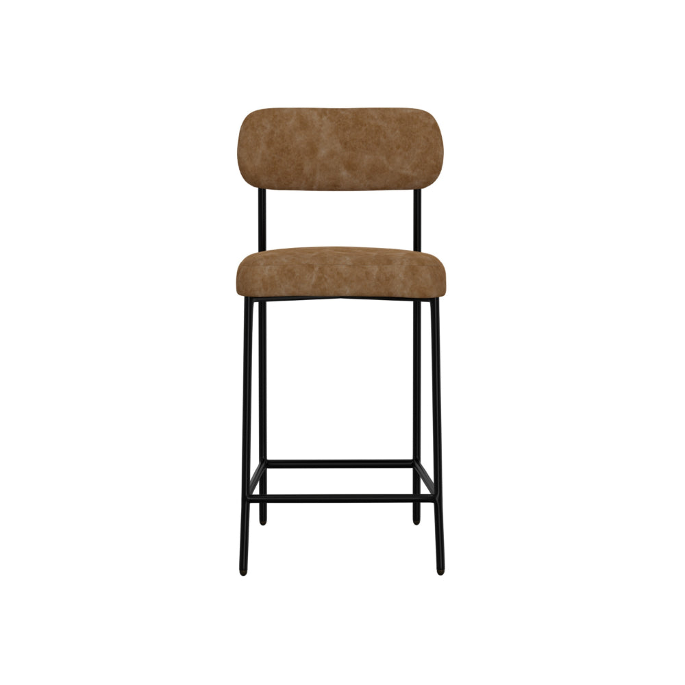 Iffa Barstool Chair, Open Back, Black Iron, Cognac Brown Faux Leather
