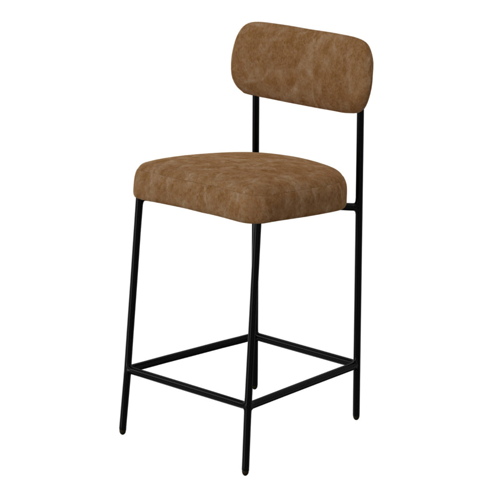 Iffa Barstool Chair, Open Back, Black Iron, Cognac Brown Faux Leather