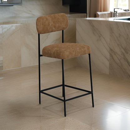 Iffa Barstool Chair, Open Back, Black Iron, Cognac Brown Faux Leather