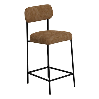 Iffa Barstool Chair, Open Back, Black Iron, Cognac Brown Faux Leather