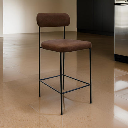 Iffa Barstool Chair, Black Iron Frame, Hickory Brown Performance Fabric