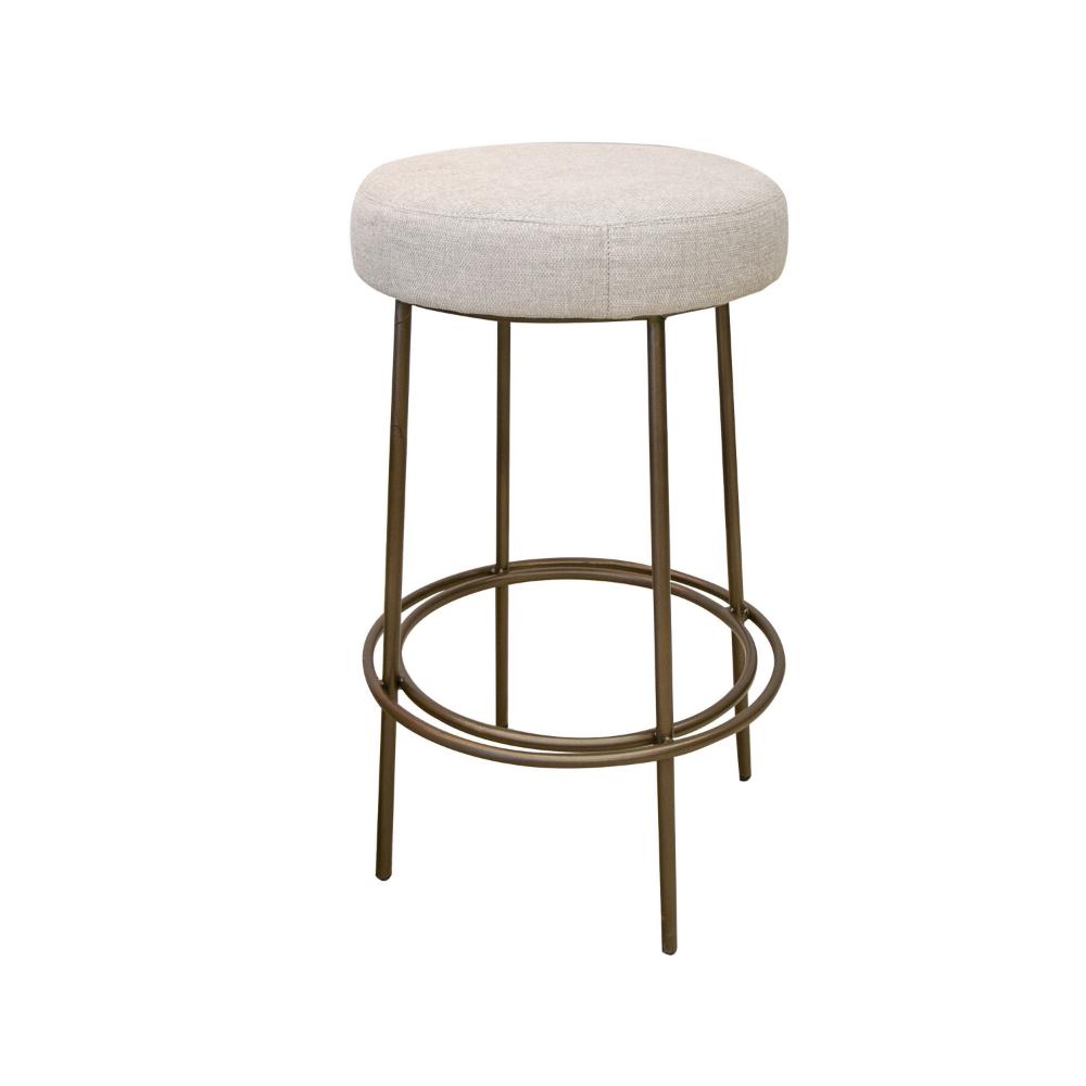 Tomy Barstool, Round Seat, Blacksmith Gold Metal Frame, Beige Polyester