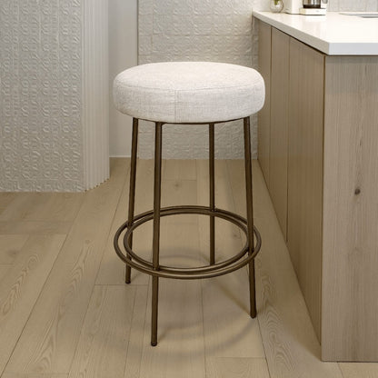 Tomy Barstool, Round Seat, Blacksmith Gold Metal Frame, Beige Polyester