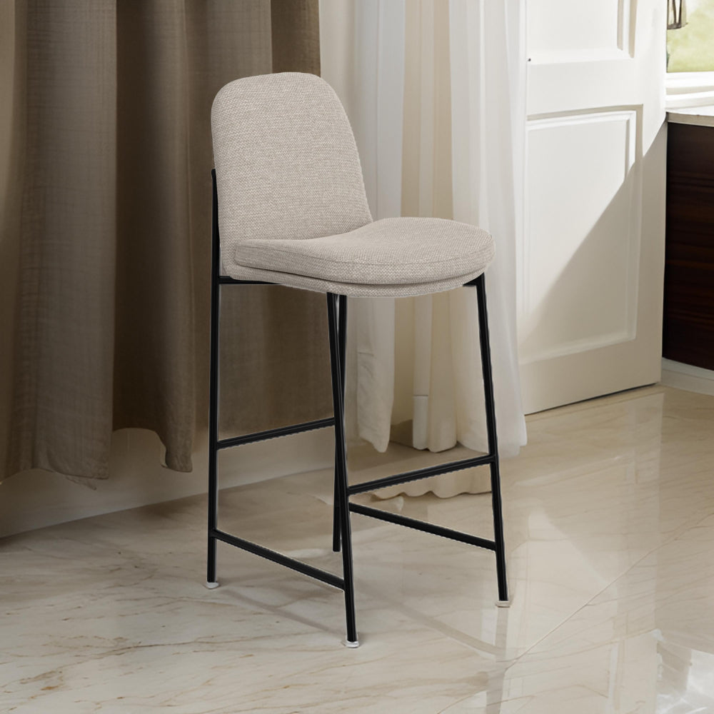 Revee Barstool Chair, Black Iron Frame, Water-Resistant Beige Polyester