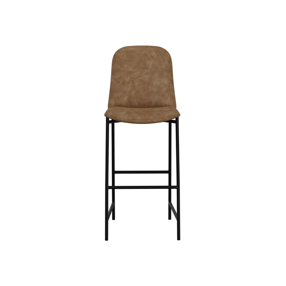 Revee Barstool Chair, Black Iron, Water-Resistant Cognac Brown Faux Leather