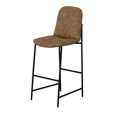 Revee Barstool Chair, Black Iron, Water-Resistant Cognac Brown Faux Leather