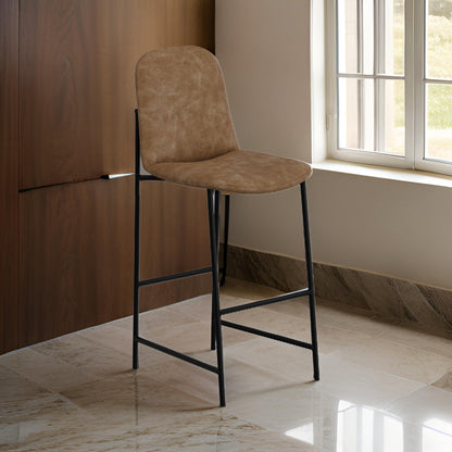 Revee Barstool Chair, Black Iron, Water-Resistant Cognac Brown Faux Leather