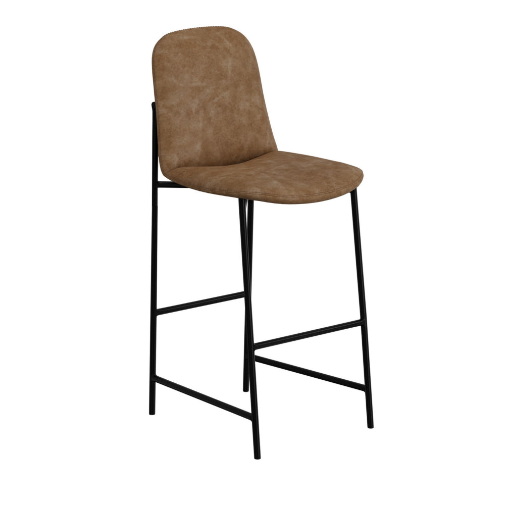 Revee Barstool Chair, Black Iron, Water-Resistant Cognac Brown Faux Leather