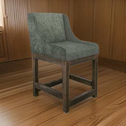 Lamy Barstool Chair, Curved Arms, Solid Pine Wood, Olive Green Polyester
