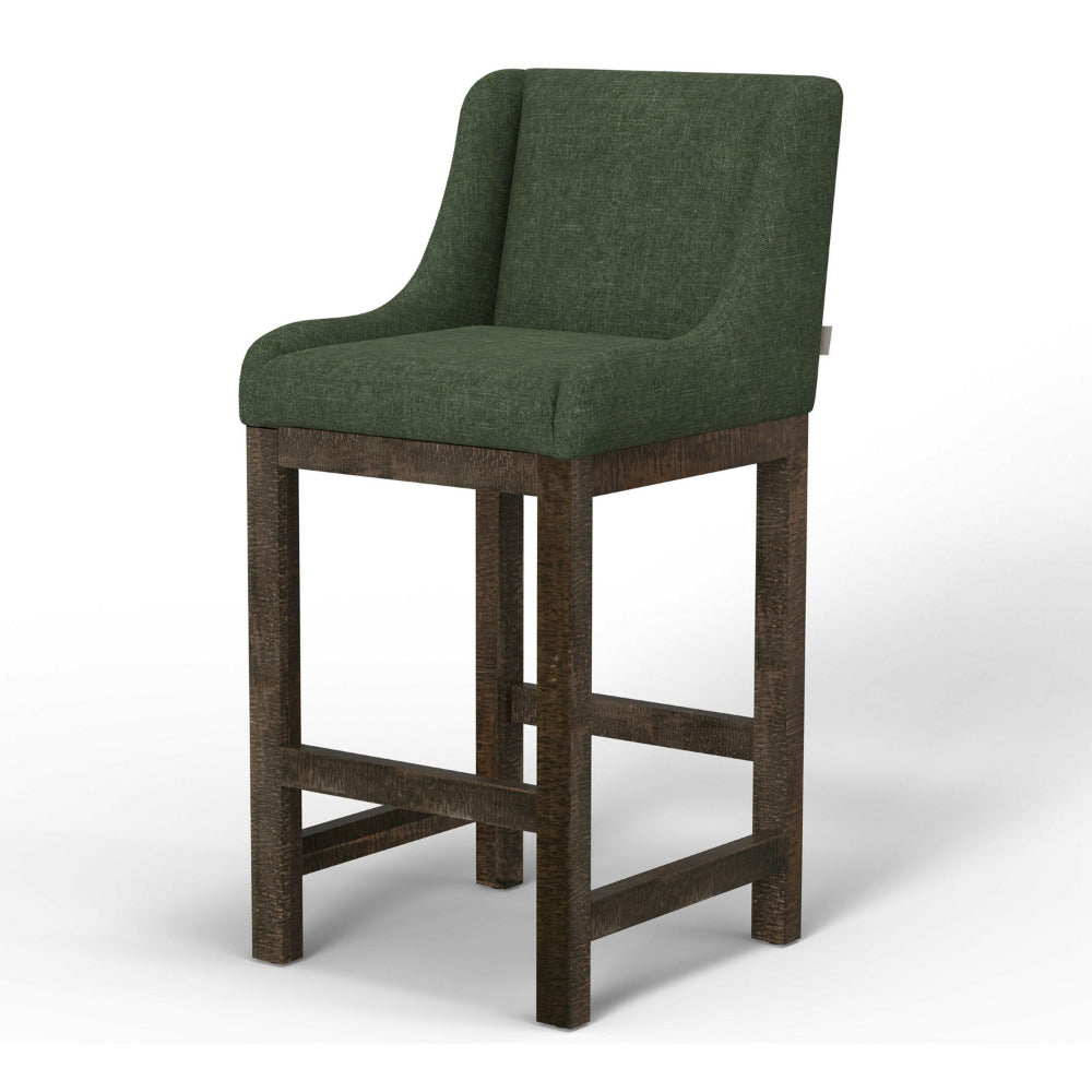 Lamy Barstool Chair, Curved Arms, Solid Pine Wood, Olive Green Polyester