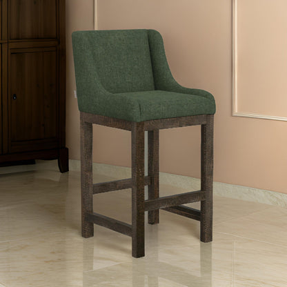 Lamy Barstool Chair, Curved Arms, Solid Pine Wood, Olive Green Polyester