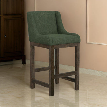 Lamy Barstool Chair, Curved Arms, Solid Pine Wood, Olive Green Polyester