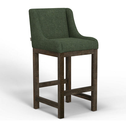 Lamy Barstool Chair, Curved Arms, Solid Pine Wood, Olive Green Polyester