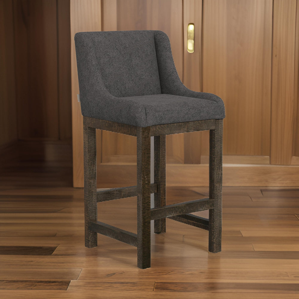 Lamy Barstool Chair, Curved Arms, Compact Solid Pine Wood, Gray Polyester