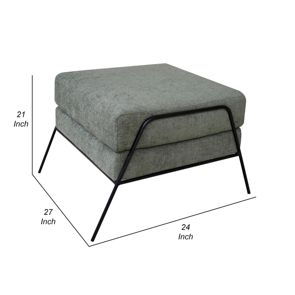 Tyna Ottoman, 27 Inch, Industrial Black Iron Legs, Olive Green Polyester