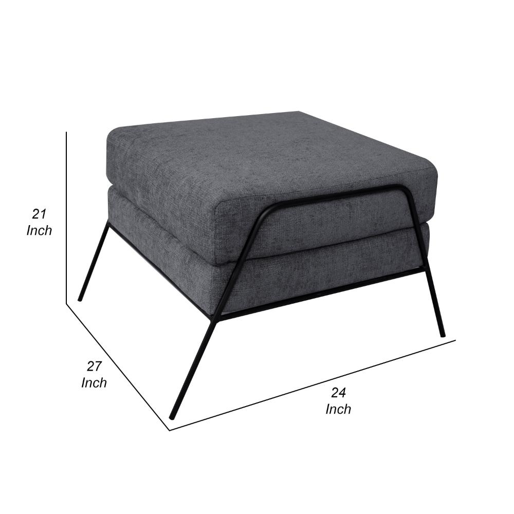 Tyna Ottoman, 27 Inch, Industrial Style Black Iron Legs, Gray Polyester