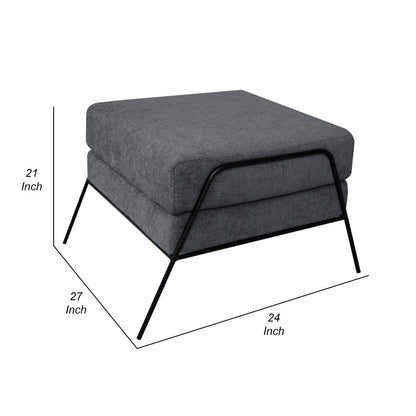 Tyna Ottoman, 27 Inch, Industrial Style Black Iron Legs, Gray Polyester