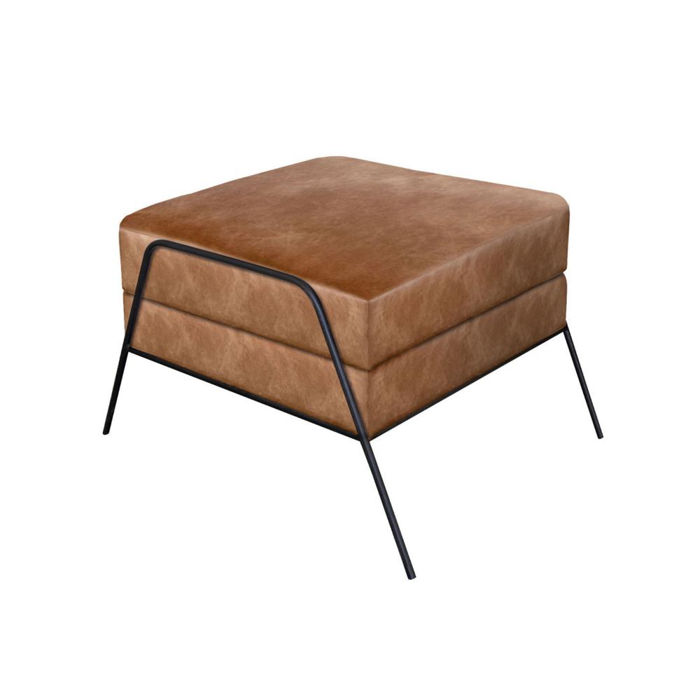Tyna 27 Inch Ottoman, Industrial Black Iron Legs, Cognac Brown Faux Leather
