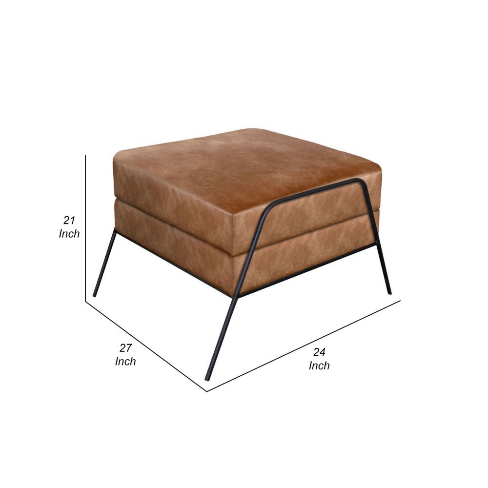 Tyna 27 Inch Ottoman, Industrial Black Iron Legs, Cognac Brown Faux Leather