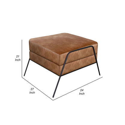 Tyna 27 Inch Ottoman, Industrial Black Iron Legs, Cognac Brown Faux Leather