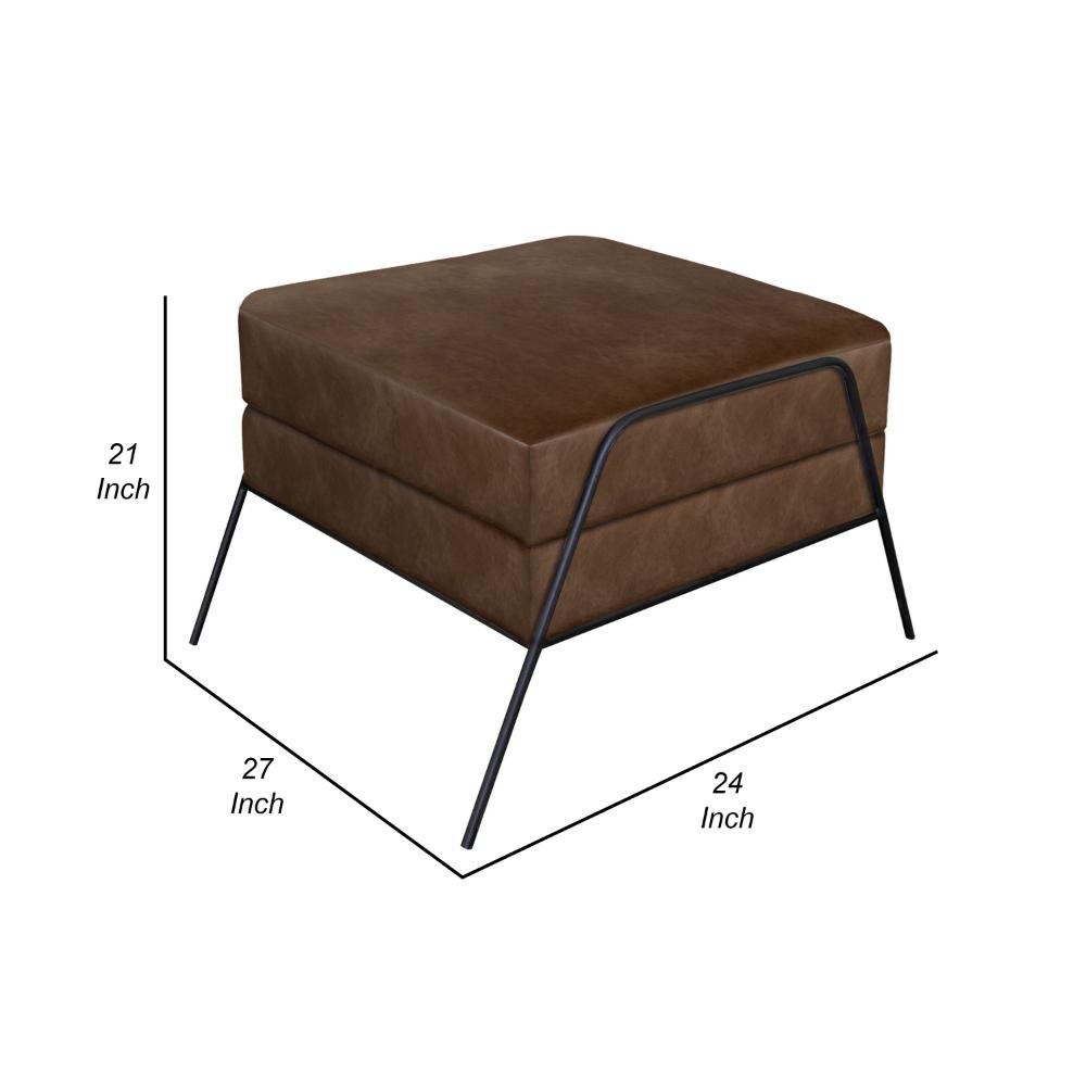 Tyna Ottoman, 27 Inch, Industrial Black Iron Legs, Hickory Brown Polyester