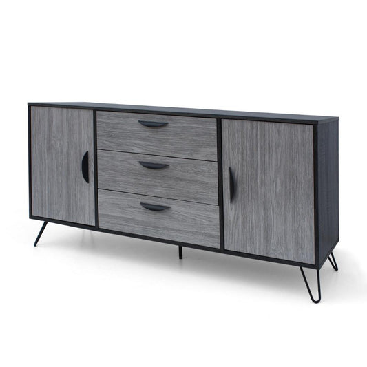Sideboard Cabinet Console with 3 Drawer, 2 Door, 59 Inch, Iron, Gray Wood