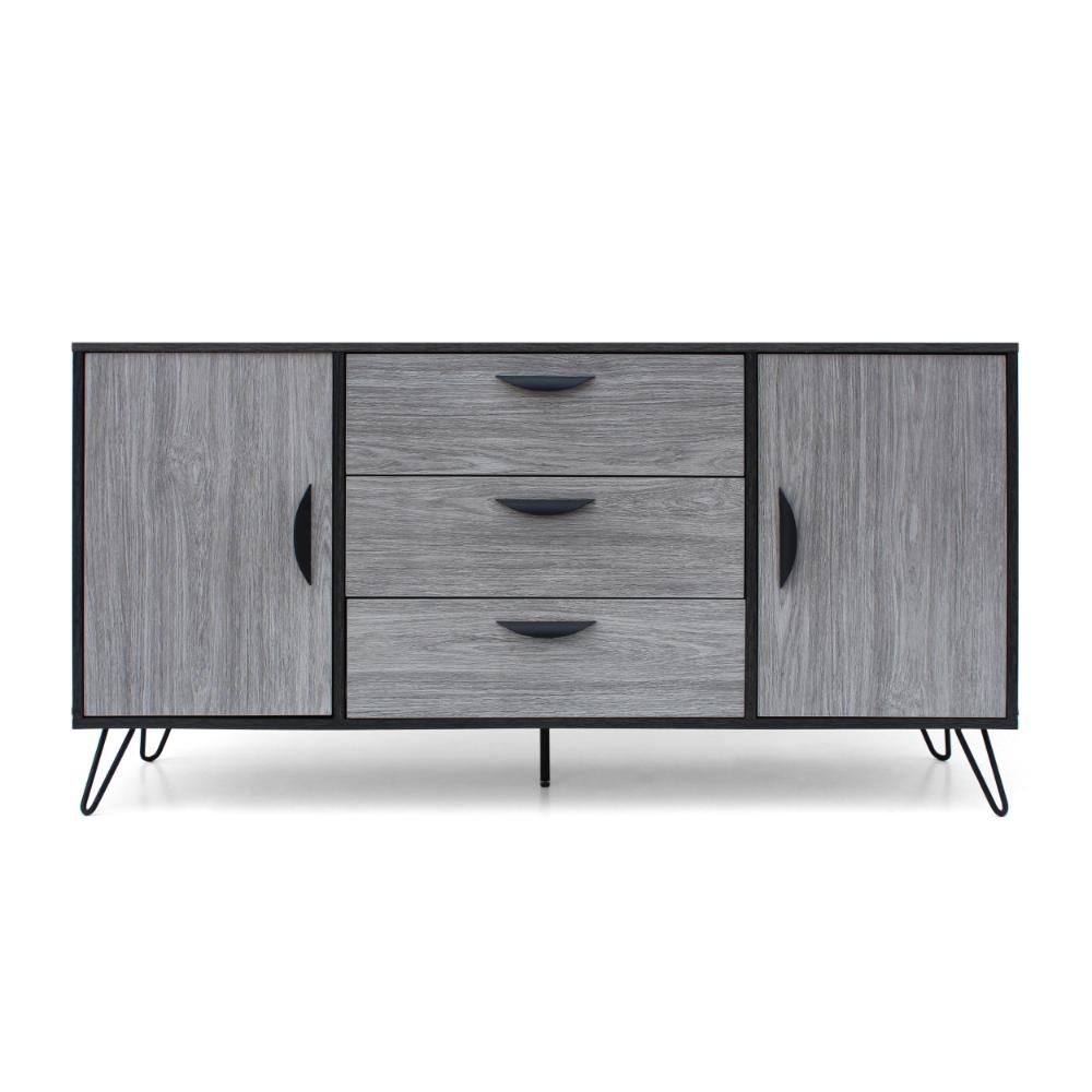 Sideboard Cabinet Console with 3 Drawer, 2 Door, 59 Inch, Iron, Gray Wood
