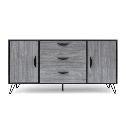 Sideboard Cabinet Console with 3 Drawer, 2 Door, 59 Inch, Iron, Gray Wood