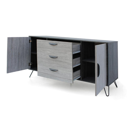 Sideboard Cabinet Console with 3 Drawer, 2 Door, 59 Inch, Iron, Gray Wood