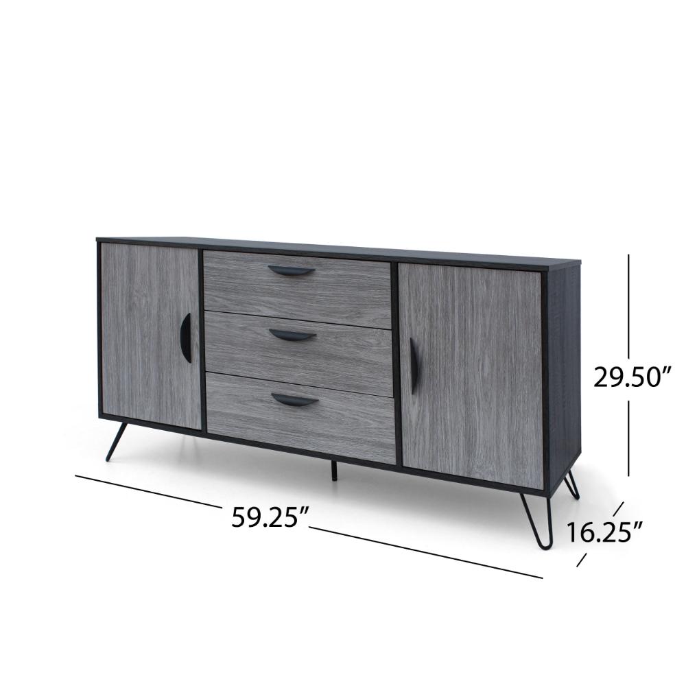 Sideboard Cabinet Console with 3 Drawer, 2 Door, 59 Inch, Iron, Gray Wood
