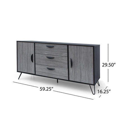 Sideboard Cabinet Console with 3 Drawer, 2 Door, 59 Inch, Iron, Gray Wood