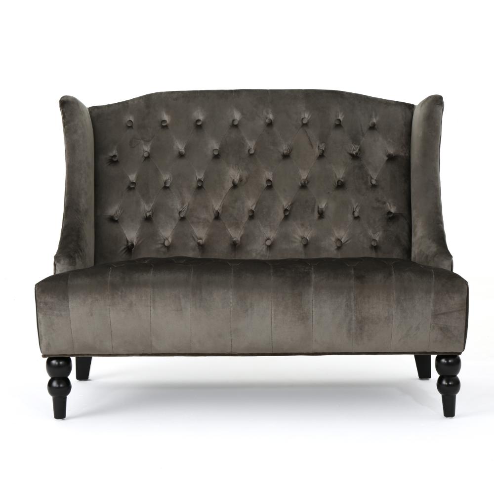Lanny Loveseat Settee, Wingback Bench 50 Inch Wood, Tufted Gray Velvet