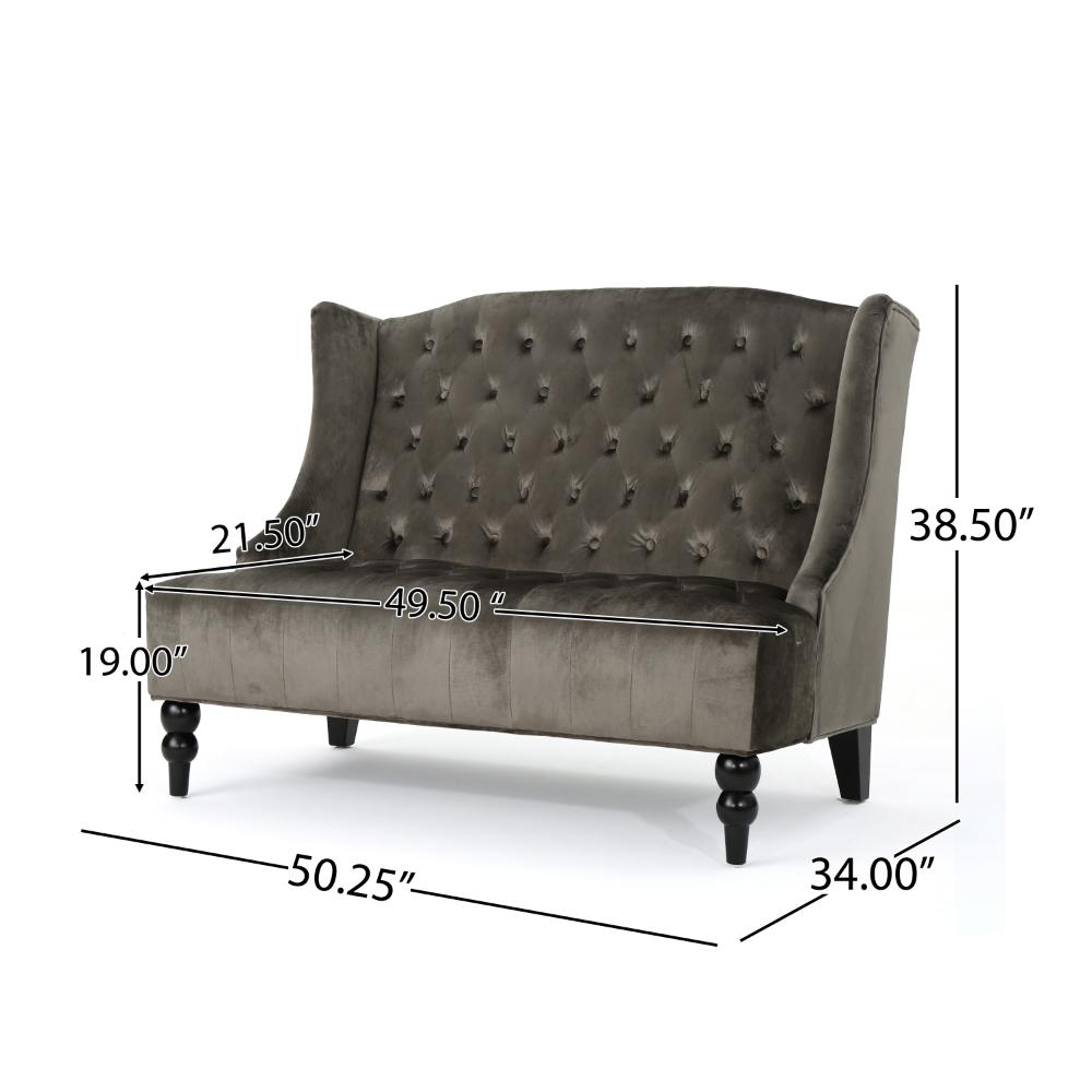 Lanny Loveseat Settee, Wingback Bench 50 Inch Wood, Tufted Gray Velvet