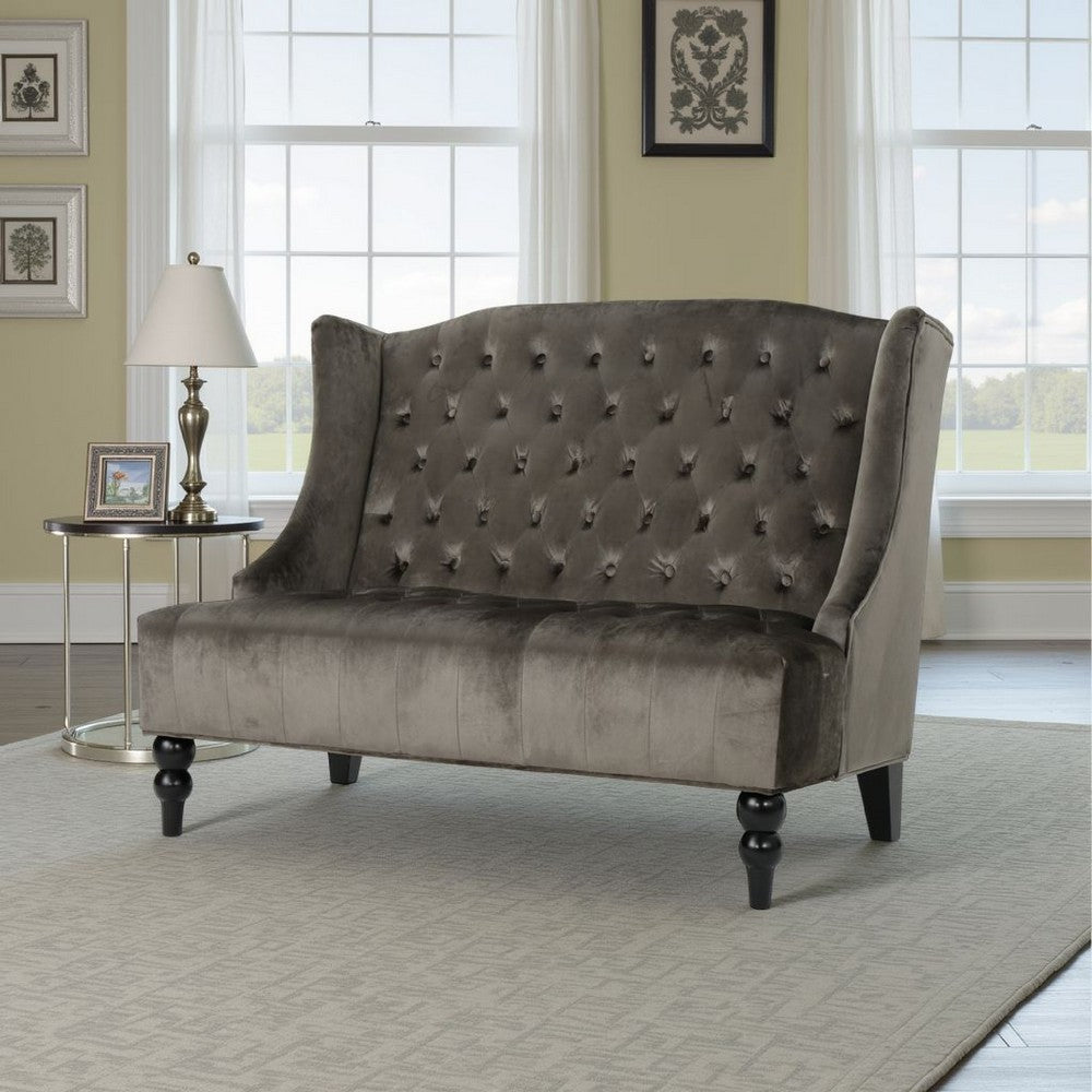 Lanny Loveseat Settee, Wingback Bench 50 Inch Wood, Tufted Gray Velvet