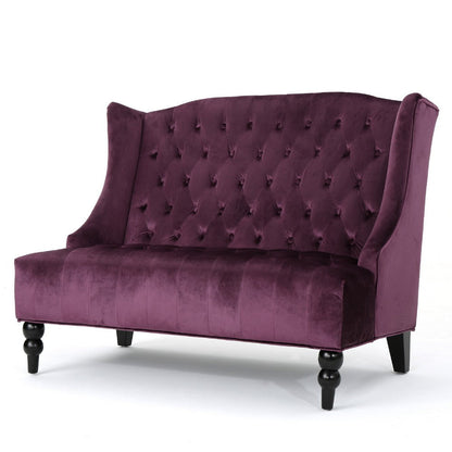 Lanny Loveseat Settee, Wingback Bench 50 Inch Wood, Tufted Purple Velvet