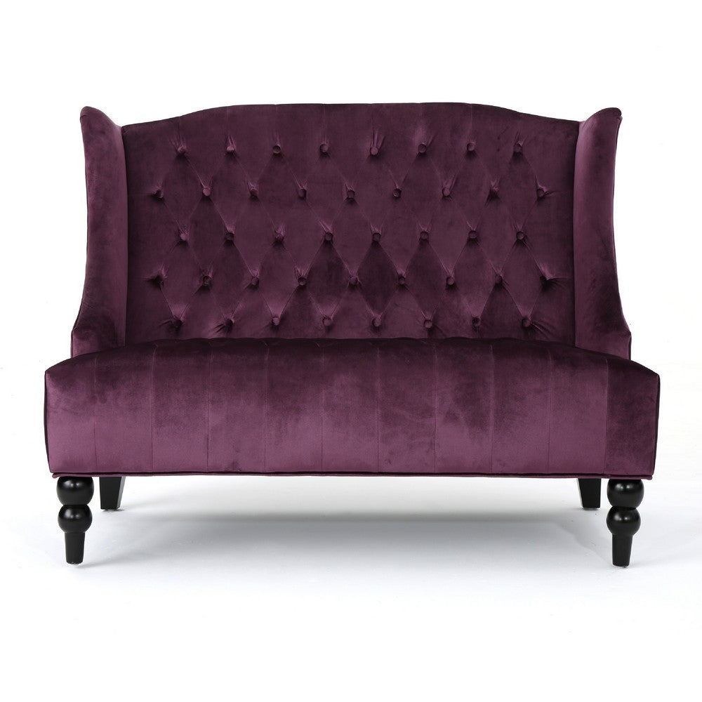 Lanny Loveseat Settee, Wingback Bench 50 Inch Wood, Tufted Purple Velvet