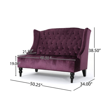 Lanny Loveseat Settee, Wingback Bench 50 Inch Wood, Tufted Purple Velvet