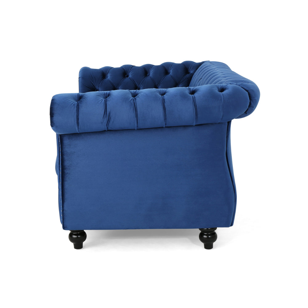 Bernie Loveseat 62 Inch Sofa, Nailhead Trim, Solid Wood, Blue Tufted Fabric