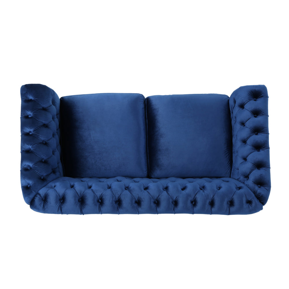 Bernie Loveseat 62 Inch Sofa, Nailhead Trim, Solid Wood, Blue Tufted Fabric
