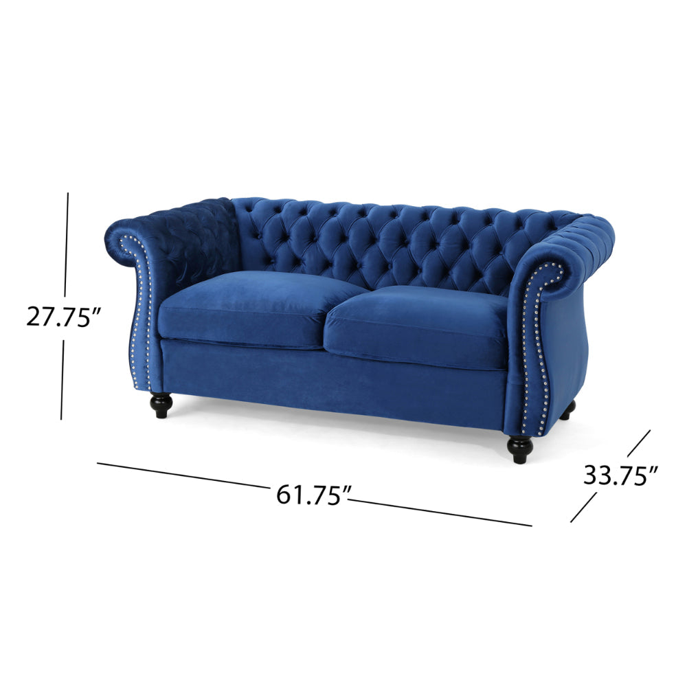 Bernie Loveseat 62 Inch Sofa, Nailhead Trim, Solid Wood, Blue Tufted Fabric