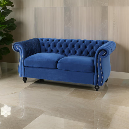 Bernie Loveseat 62 Inch Sofa, Nailhead Trim, Solid Wood, Blue Tufted Fabric