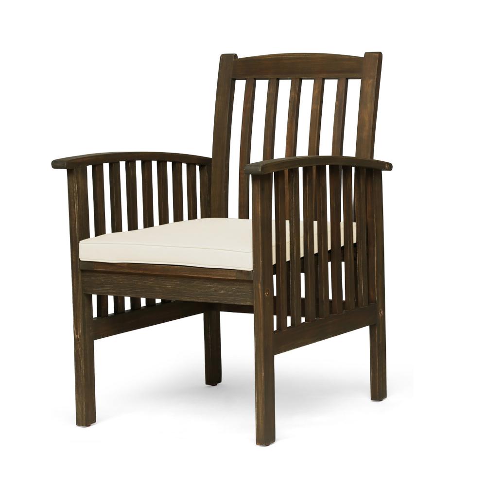 Gerry Dining Chair, Outdoor Traditional Slatted Gray Acacia Wood, Cream