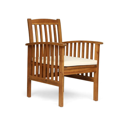 Gerry Dining Chair, Traditional Slat Design Brown Acacia Wood, Beige Fabric