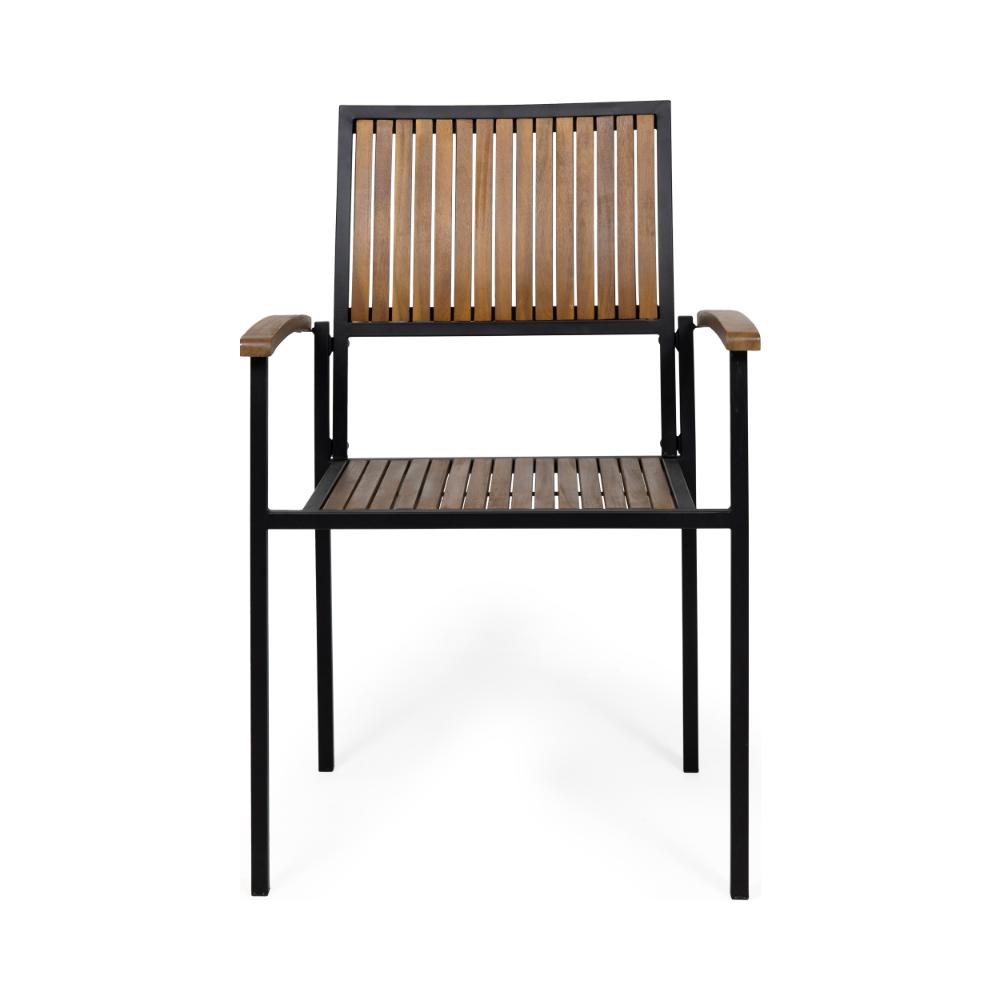 Side Dining Chair Set of 2, Outdoor Slatted Brown Acacia Wood, Black Iron